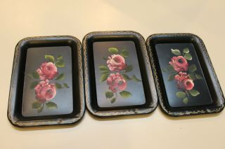 Set Of Three Vintage Tole Hand Painted Tip Trays