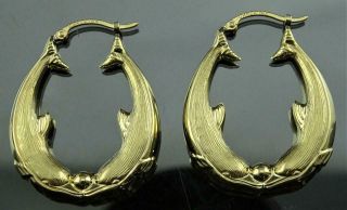 Signed Carla 14k Yellow Gold Engraved Kissing Dolphins Pierced Earrings