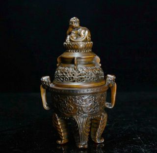 Collect Qianlong Antique Boxwood Hand Carve Roar Lion Delicate Hollow Out Censer