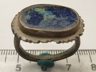 3953 Ancient Byzantine Bronze Ring With A Big Blue Glass 19 Mm