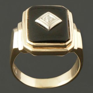Vintage Art Deco Solid 10K Yellow Gold,  Onyx & Diamond Man ' s Estate Ring,  NR 5