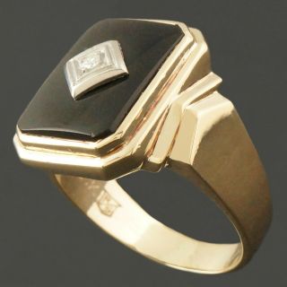 Vintage Art Deco Solid 10K Yellow Gold,  Onyx & Diamond Man ' s Estate Ring,  NR 6