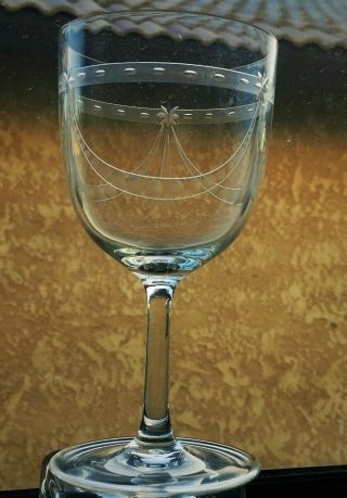 Antique Seneca Crystal Stem 35 Etched Glass Wine Goblet Stars Swag Diamond Band
