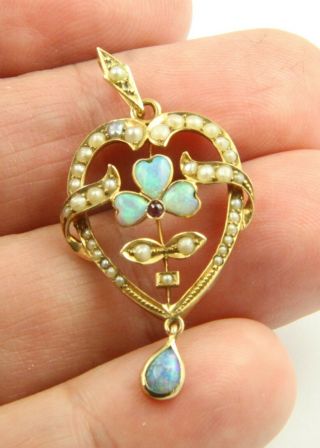 Antique Victorian Edwardian C 1910 9 Ct Gold Ruby Opal Pearl Pendant