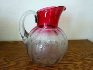 Cranberry & Clear Glass Water Tea Pitcher With Etched Flowers