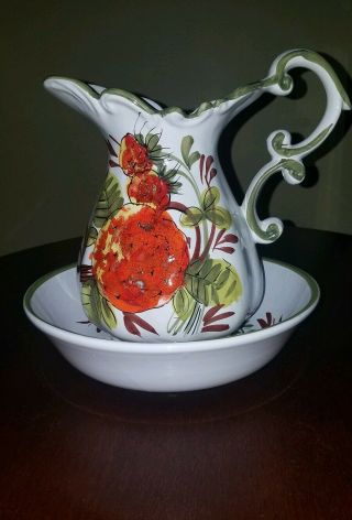 Vintage Relpo Water Pitcher And Wash Basin.  Made In Italy.  Floral Design.