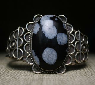 Huge Vintage Harvey Era Navajo Sterling Silver Obsidian Cuff Bracelet