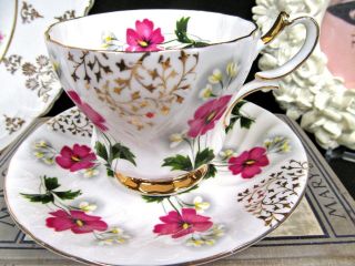 Queen Anne Tea Cup And Saucer Floral Gold Gilt Pattern Teacup Swirls