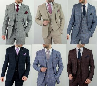 Mens Tweed Check Peaky Blinders Wedding Vintage Blue Tailored Fit 3 Piece Suit