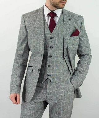 Mens Tweed Check Peaky Blinders Wedding Vintage Blue Tailored Fit 3 Piece Suit 2