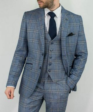 Mens Tweed Check Peaky Blinders Wedding Vintage Blue Tailored Fit 3 Piece Suit 4
