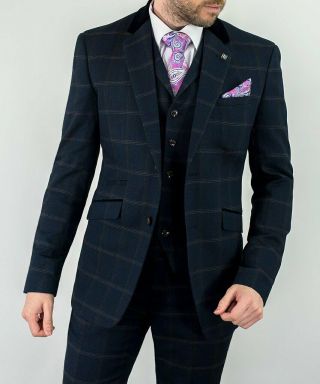 Mens Tweed Check Peaky Blinders Wedding Vintage Blue Tailored Fit 3 Piece Suit 5