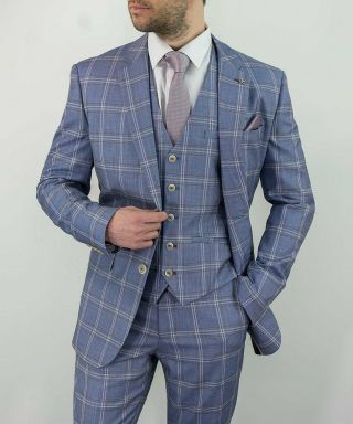 Mens Tweed Check Peaky Blinders Wedding Vintage Blue Tailored Fit 3 Piece Suit 6