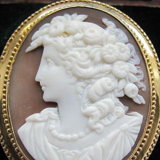 Rare VICTORIAN ANTIQUE 9ct GOLD CARVED SHELL CAMEO BROOCH with CASE 2