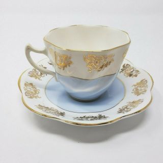 Vintage Crownford Rose Gold Blue Tea Cup Saucer Fine Bone China England