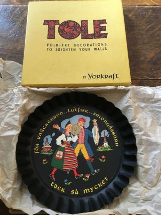 Vintage Tole Folk - Art Tin Plate By Yorkcraft Swedish Couple Made In Usa