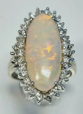 Vintage 14k White Gold Cocktail Ring With Opal Surrounded By 30 Diamonds Size 10