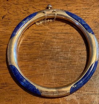 Vintage 14k Gold Lapiz Lazuli Hinged Bangle With Safety Chain