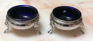 Pair Antique Sterling Silver Blue Glass Inserts Georgian C1770 Salt Cellars