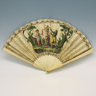 Rare 18th Century Paper Hand Colored Ladies Hand Fan Cupid On Pedestal