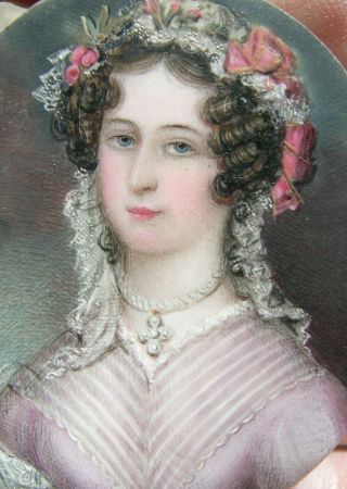 Fine Antique Portrait Miniature Painting Lady 1830 