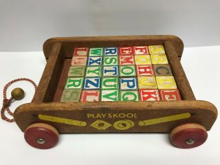 Vintage Playskool Wood Pull Wagon Toy With Old Letter Building Blocks