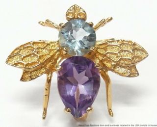 Vintage Blue Topaz Amethyst 14k Gold Bee Pin Brooch Flying Insect Bug Pendant