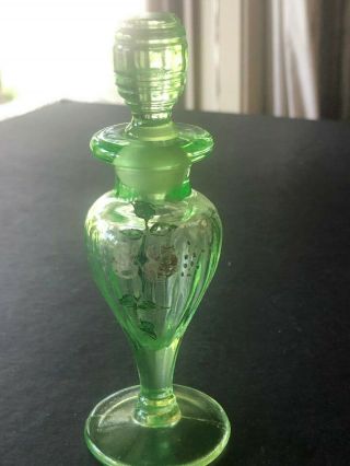 Vintage Clear Green Glass Perfume Bottle With Painted Flowers