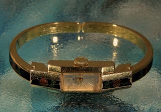 Vintage Unusual Bucherer 20k Gold Gp Rose Enamel Clamper Cuff Bracelet Watch Eta