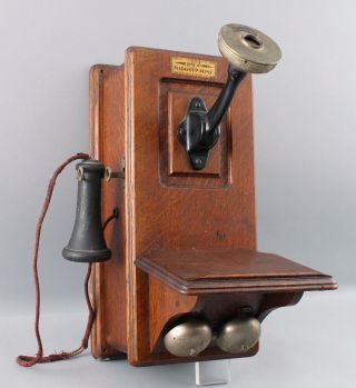 Antique,  Early 20th Century,  Oak Baird Midgetphone Crank Wall Telephone,  Nr