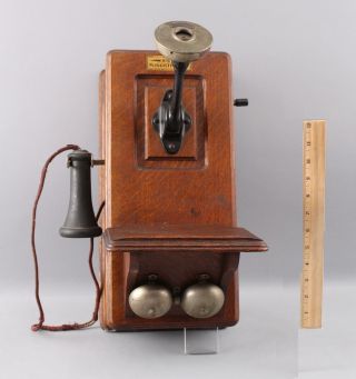 Antique,  Early 20th Century,  Oak Baird Midgetphone Crank Wall Telephone,  NR 2