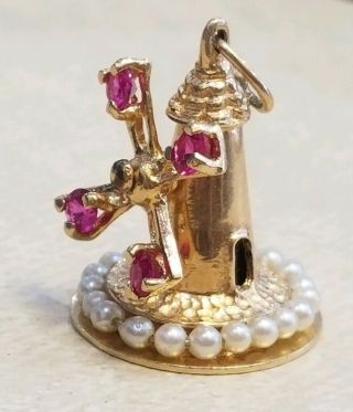 Rare Antique 14k Solid Yellow Gold Ruby Pearl Windmill Charm For Bracelet 6.  7gr