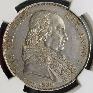 1830,  Italy,  Vatican,  Pope Pius Viii.  Large Silver Scudo Coin.  Rare Pcgs Au - 58