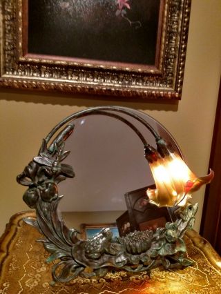 Vintage Art Nouveau Frog Lily Pond Mirror Bronze Table Lamp Calla Lily Shade 11