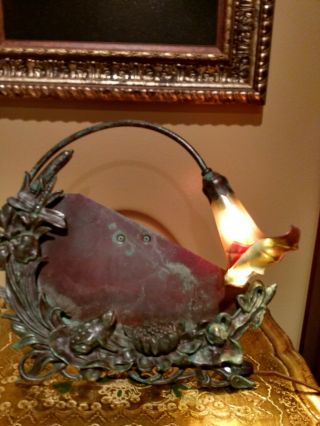 Vintage Art Nouveau Frog Lily Pond Mirror Bronze Table Lamp Calla Lily Shade 5