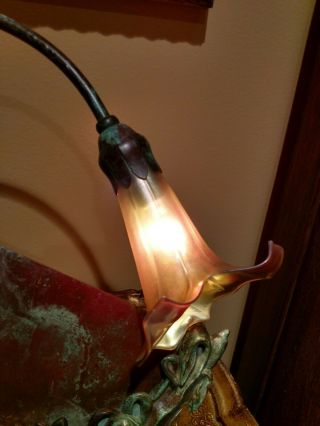Vintage Art Nouveau Frog Lily Pond Mirror Bronze Table Lamp Calla Lily Shade 6