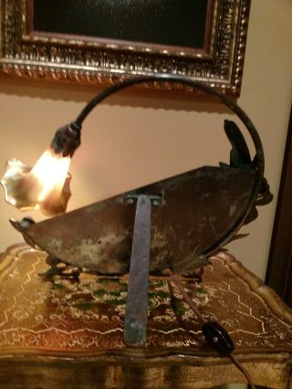 Vintage Art Nouveau Frog Lily Pond Mirror Bronze Table Lamp Calla Lily Shade 9