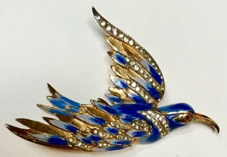 Vintage Rare Estate Coro Craft Sterling Blue Bird Brooch Pin Enamel Rhinestones