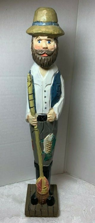 Vintage Carved Wood Folk Art Old Time Fisherman With His Catch Figure 13 "