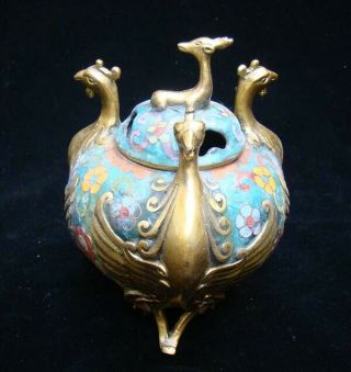 Handmade Carving Statue Bird Deer Brass Cloisonne Enamel Incense Burner 06