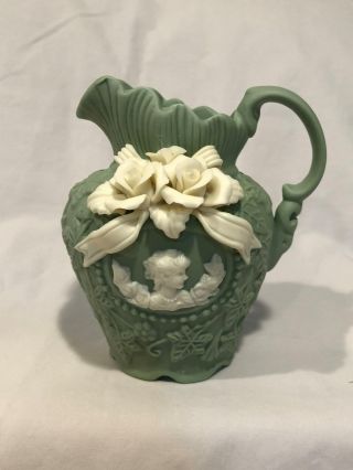 Green And Ivory Cameo Victorian Style Ceramic Vase Pitcher Lady,  Roses