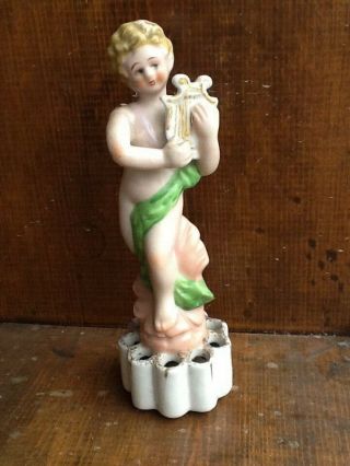 Antique Hand Painted German Porcelain Cherub / Angel Flower Frog Figurine