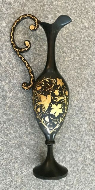 Vintage Toledo Damascene Flower & Bird Mini Vase Ewer Gold Inlaid Into Steel