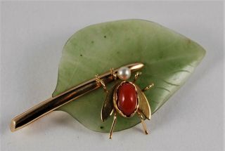 Vintage Jade Coral Bug Insect Pin Brooch 14k Gold Pearl Hong Kong Mid Century