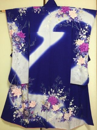 Vintage Japanese Silk Kimono Dress Furisode,  Purple Pink Flower,  Navy Blue K1047