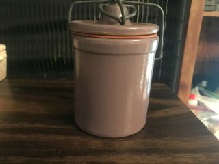 Vintage Purple Stoneware Cheese Crock With Wire Bale Lid 5 Inc Tall