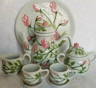 Miniature Porcelain Doll House Tea Set Roses Embossed Hand Painted W/tray