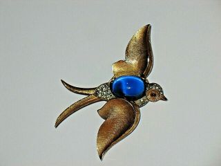 Wow Vintage Alfred Philippe Crown Trifari Sapphire Jelly Belly Bird Pin Brooch