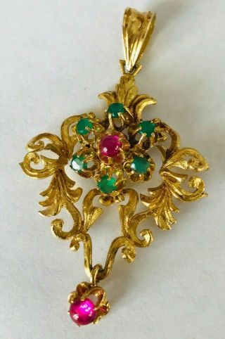 Lovely 18k Gold Lavaliere Pendant Set With Pink And Green Stones