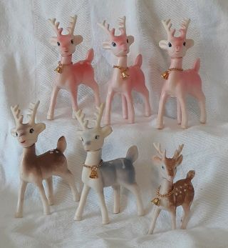 6 Vintage Hong Kong 3 Pink 1 Blue 2 Brown Plastic Reindeer Deer Bells 5.  25 " H